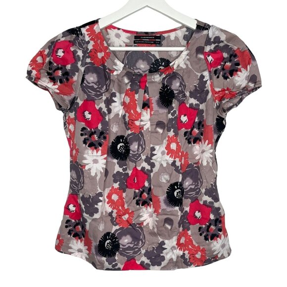 Club Monaco Tan Pink Floral Blouse Short Sleeve Women’s Size Small - Picture 13 of 13